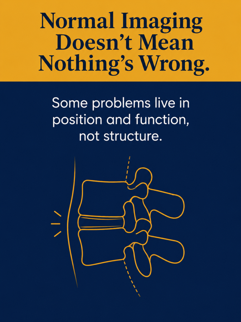 Spine illustration with the message that normal imaging doesn't mean nothing is wrong, from an upper cervical chiropractor in Waco, TX