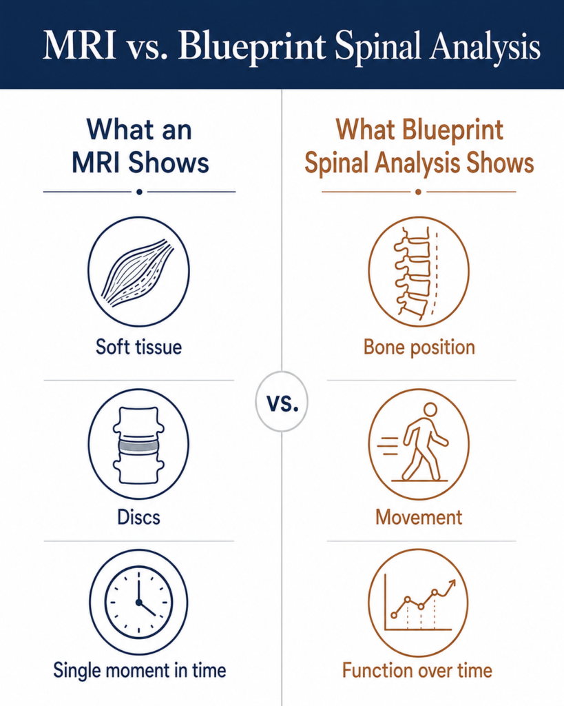 Comparison chart of what an MRI shows (soft tissue, discs, a single moment in time) versus what Blueprint Spinal Analysis shows (bone position, movement, function over time) at Atlas Chiropractic in Waco